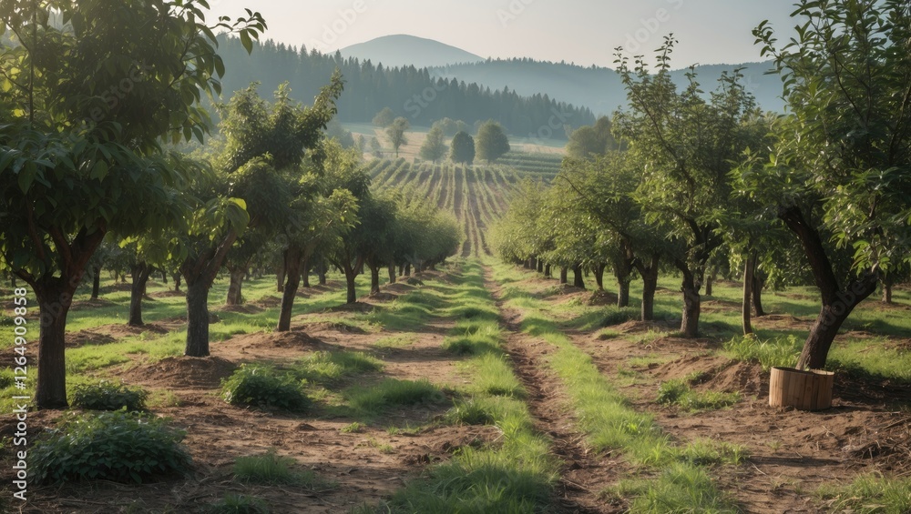 Poster row of fruit trees in an orchard with misty mountains in the background and grassy path through the 
