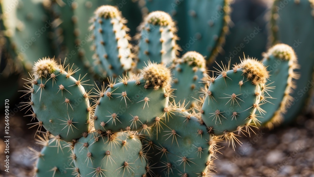 Poster close-up of opuntia cactus with spines showing details of texture and color in natural light with bl
