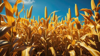 Golden cornfield with ripe corn ears against a blue sky with clouds Copy Space