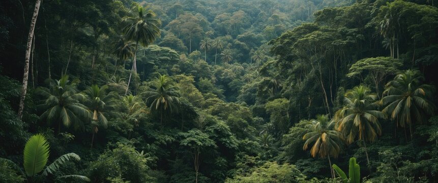 Lush tropical rainforest landscape with dense greenery and palm trees natural setting with tall trees and undergrowth Copy Space
