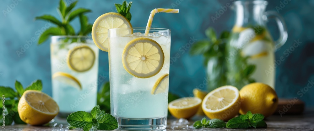 Poster refreshing lemonade drinks with lemon slices and mint leaves in a glass and pitcher on a wooden tabl
