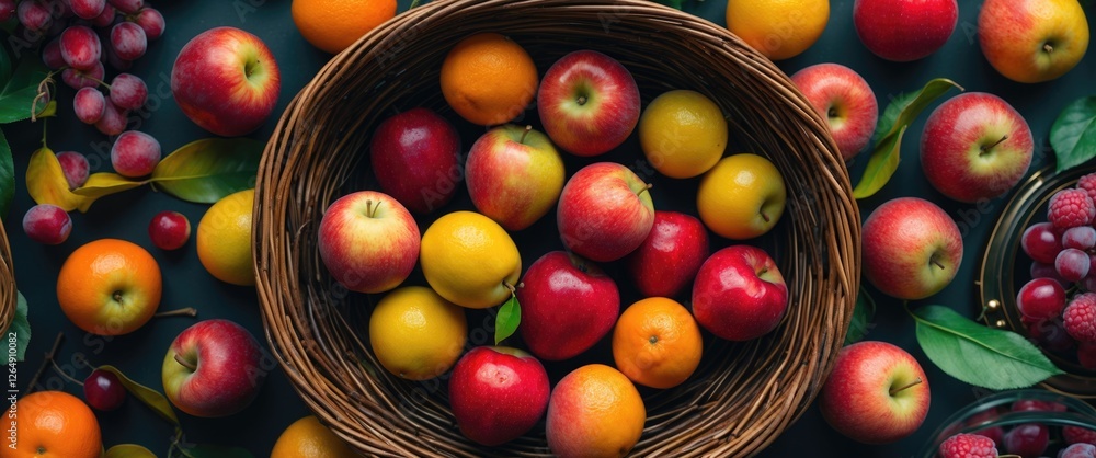 Aufkleber assorted fresh fruits in a wicker basket with vibrant apples oranges and grapes on a dark background