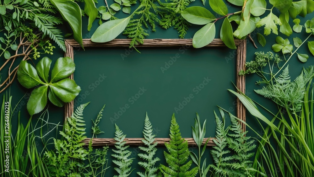 Aufkleber green leaves and ferns arranged around an empty wooden frame on a dark green background with copy sp