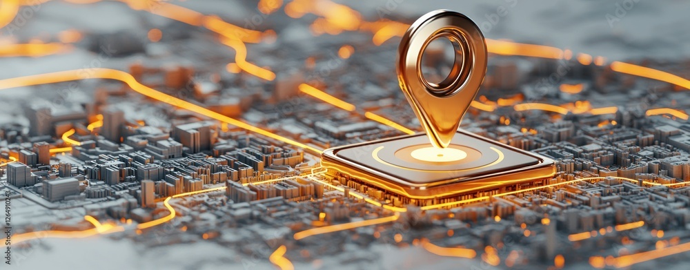 Poster Golden Location Pin Over Abstract City Map with Illuminated Streets and High-Tech Elements