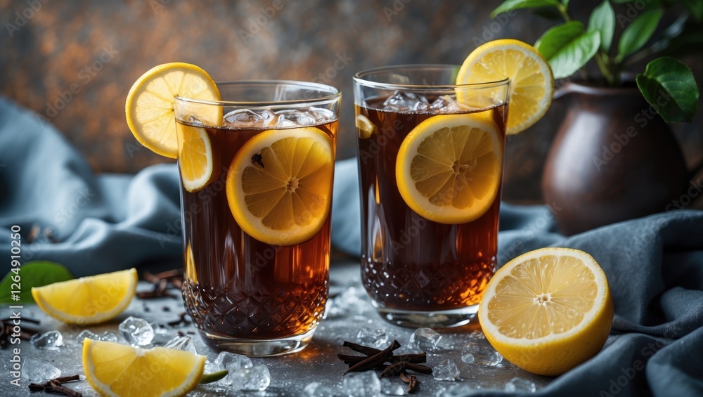 Aufkleber iced tea with lemon slices in glasses surrounded by ice and lemon wedges on a textured surface with 