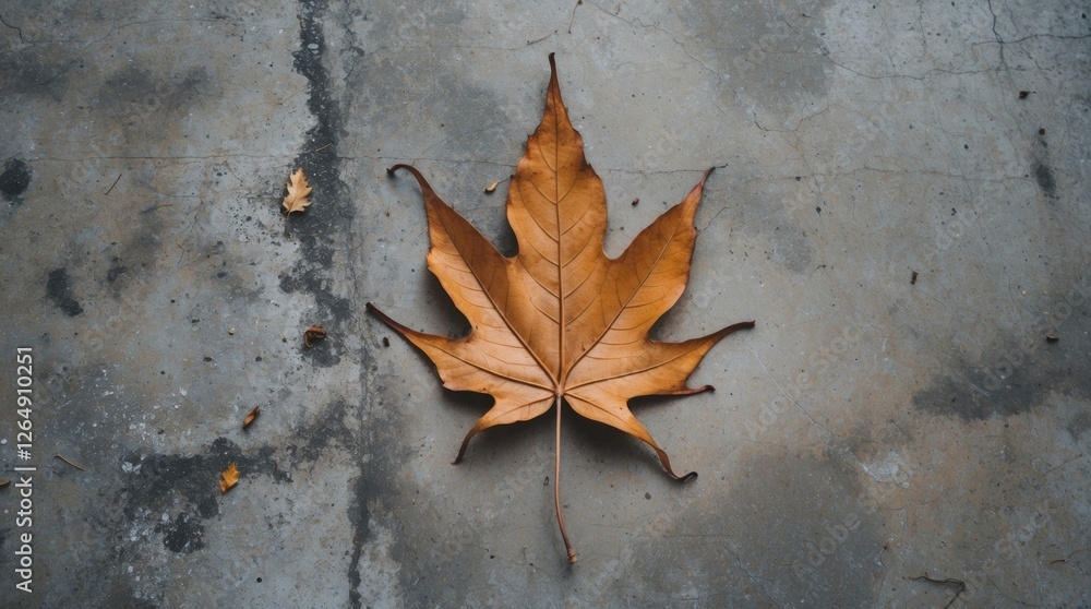 Poster brown maple leaf on textured concrete background with small debris and dirt, emphasizing details and