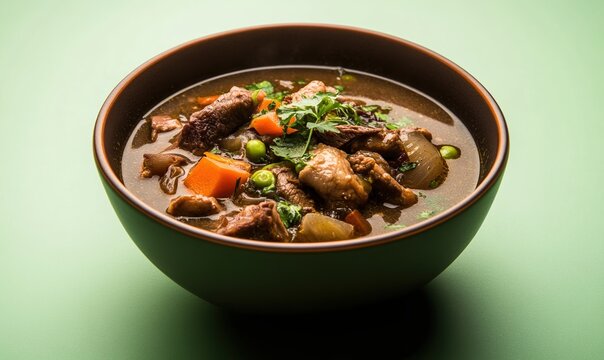 Hearty mondongo soup served in a dark bowl with fresh ingredients