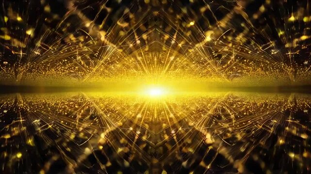 神秘的な黄金の輝きが放射する幻想的な光景。まるで宇宙の中心から溢れ出るエネルギーのような壮大なビジュアルが広がる、未来を感じさせるデジタルアート:Generative AI
