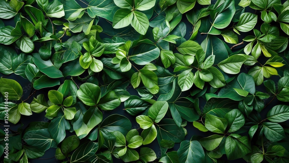 Poster lush green leaves background with various textures and shapes arranged in a dense pattern suitable f