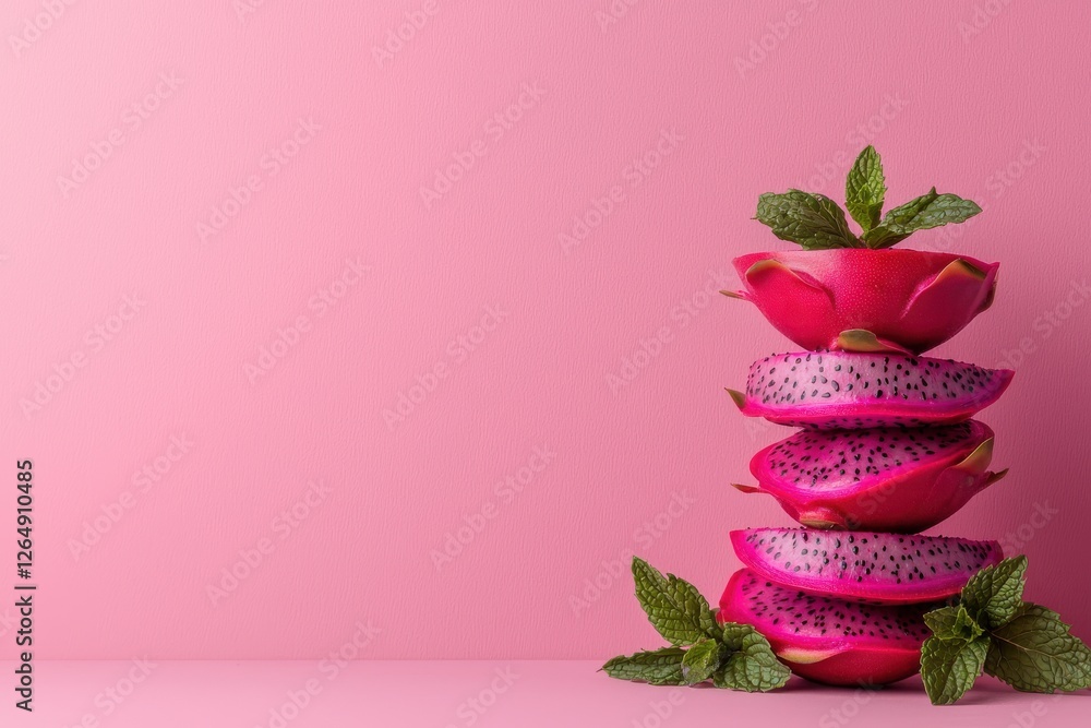 Poster sliced exotic dragon fruit arranged in a geometric pattern on a vibrant pink background the fruit s 