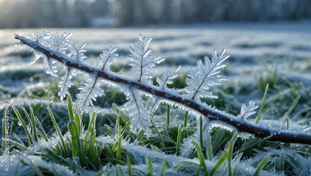 Aufkleber frost-covered branch on green grass in winter landscape with sunlight creating a serene atmosphere a