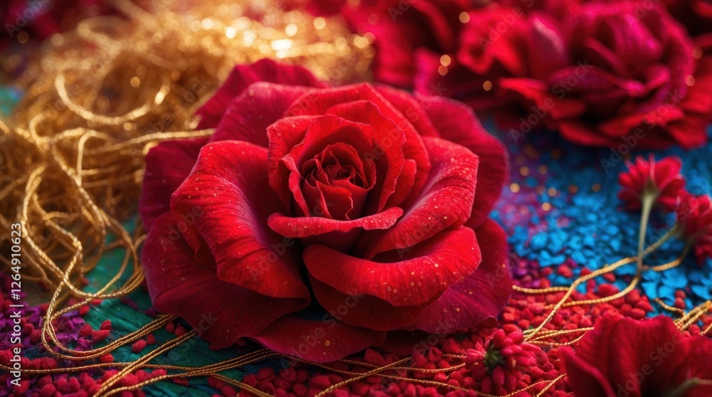 Poster red roses with vibrant petals and golden threads on colorful decorative background, close-up view of