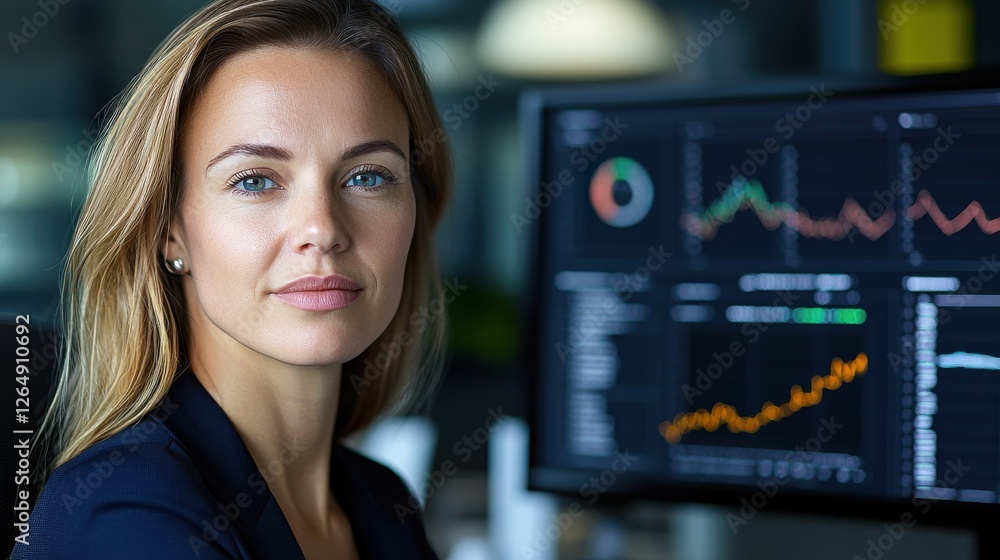 Poster serious and determined european businesswoman analyzing financial data and charts on computer screen