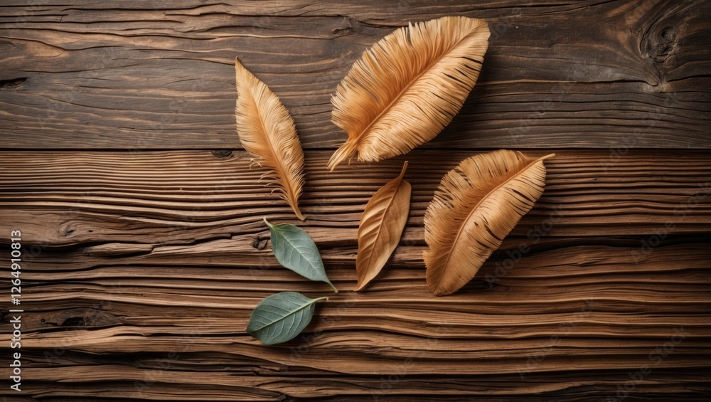 Poster dried leaves arranged on rustic wooden surface with natural texture and tones suitable for backgroun