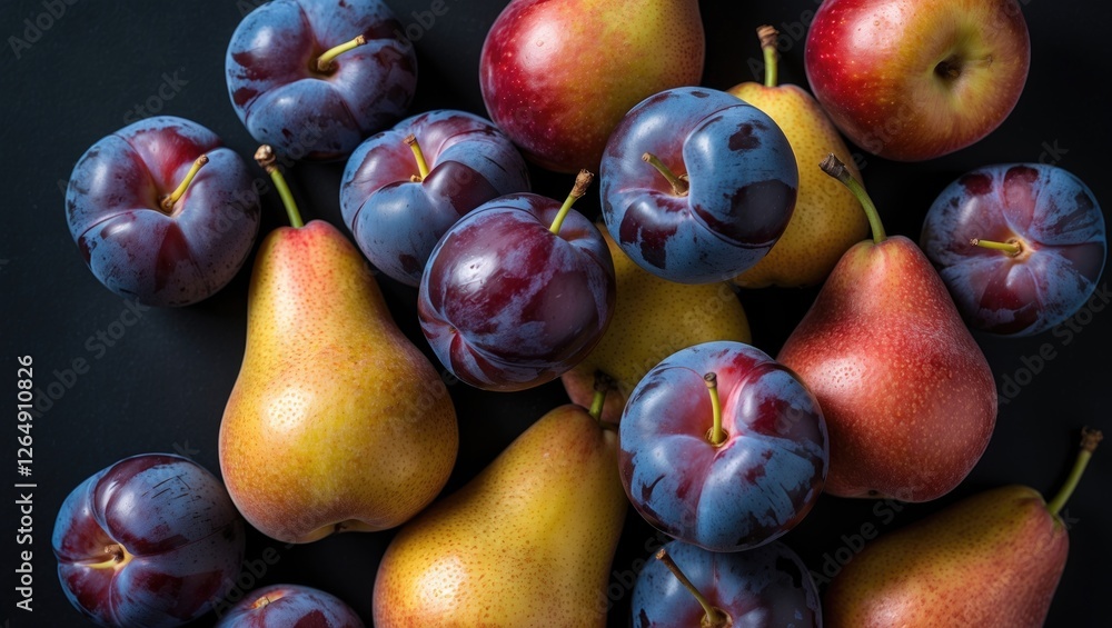 Poster fresh assorted fruits including ripe pears and plums arranged on a dark background with copy space f