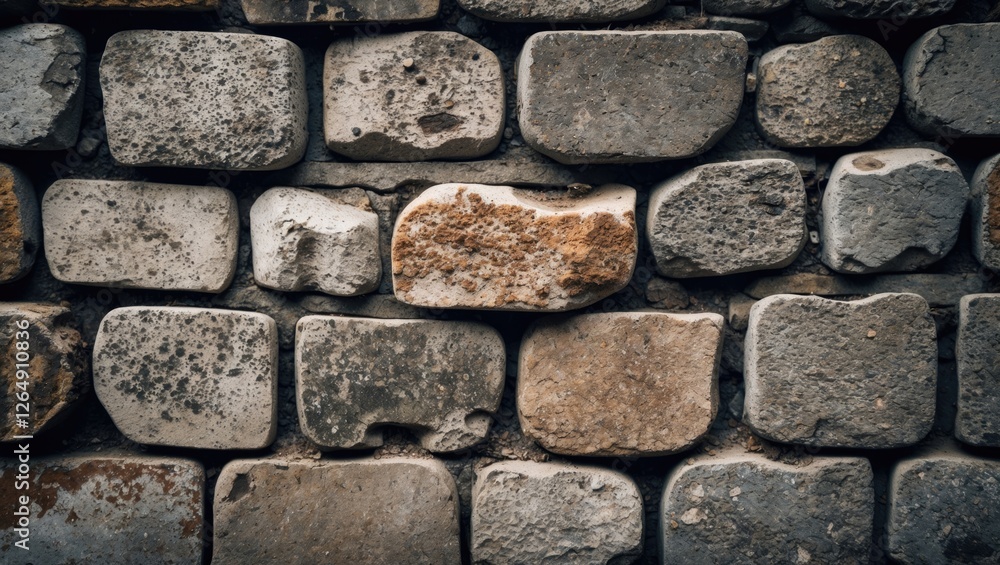 Poster textured stone wall made of various irregular shaped stones with a weathered finish and earthy color