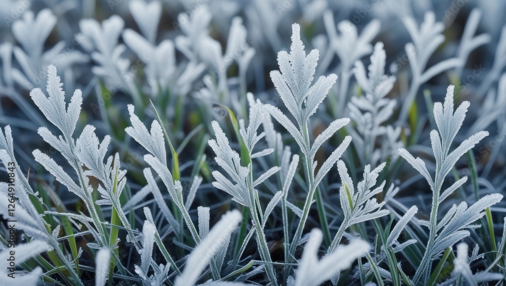 Poster frost-covered grass and plants in a winter landscape with intricate ice patterns detailed copy space