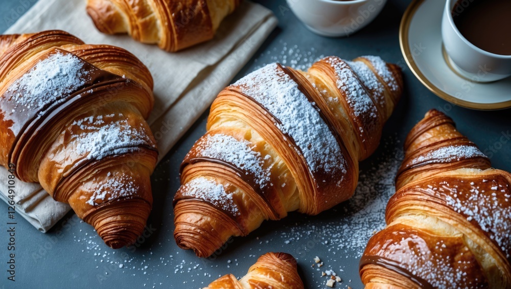 Poster freshly baked croissants dusted with powdered sugar arranged on a dark surface with coffee and tea c