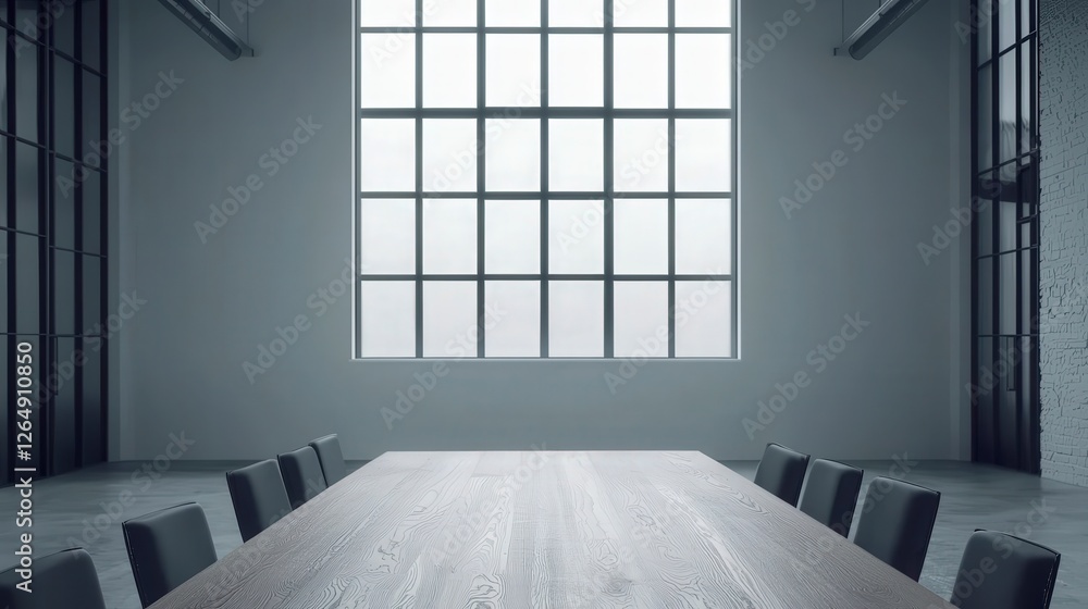 Poster this image showcases a minimalist conference room featuring a long wooden table and large windows th