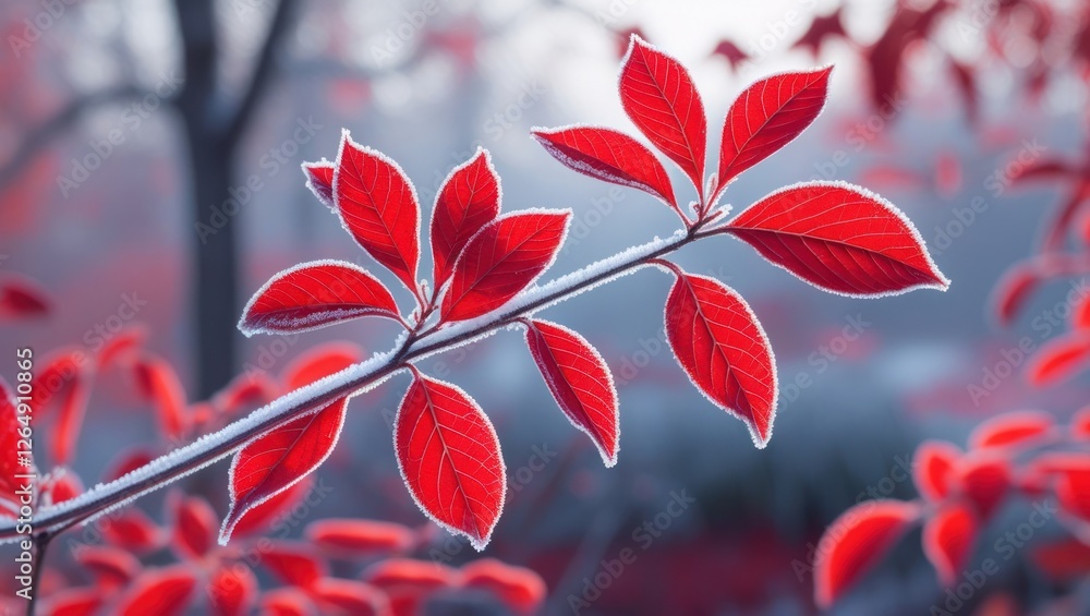Aufkleber Frosted red leaves on branch with blurred background in autumn scenery natural setting Copy Space
