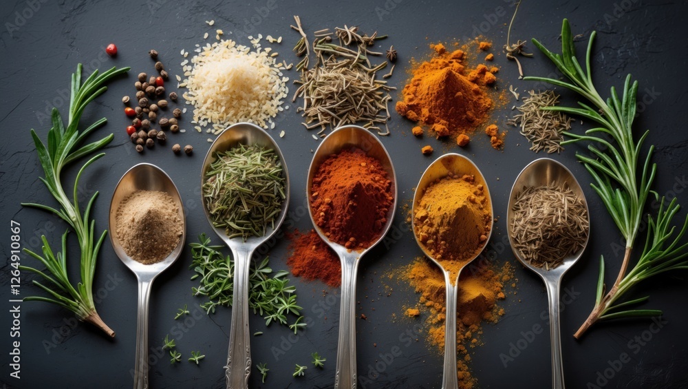 Poster assorted spices and herbs arranged in silver spoons on a dark textured background with fresh rosemar