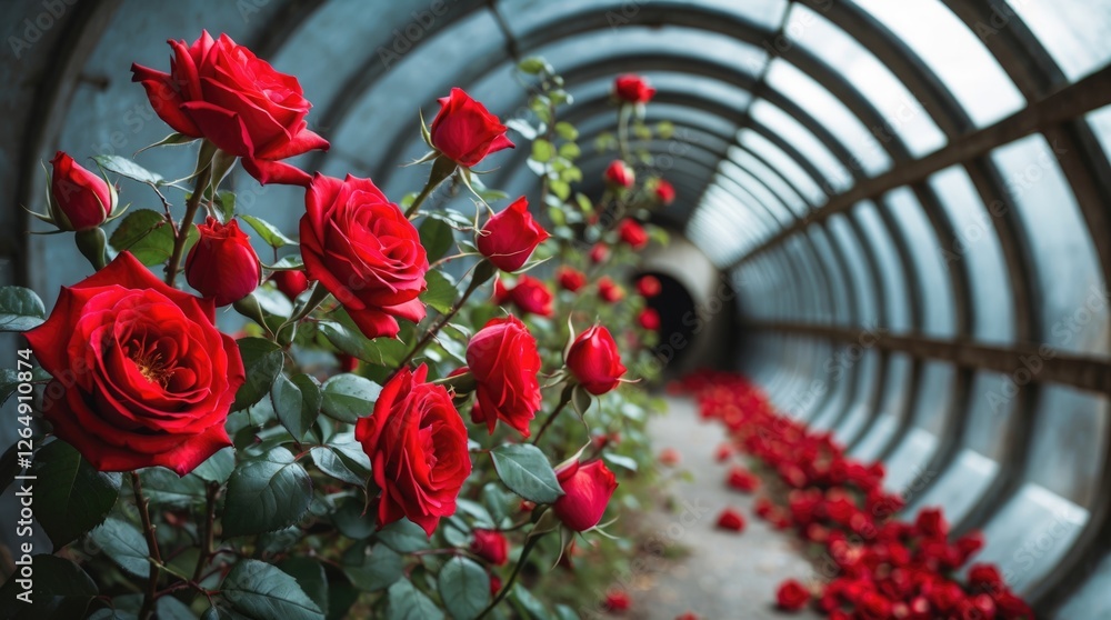 Aufkleber Red roses in a tunnel with scattered petals and greenery creating a serene floral pathway with copy space for text
