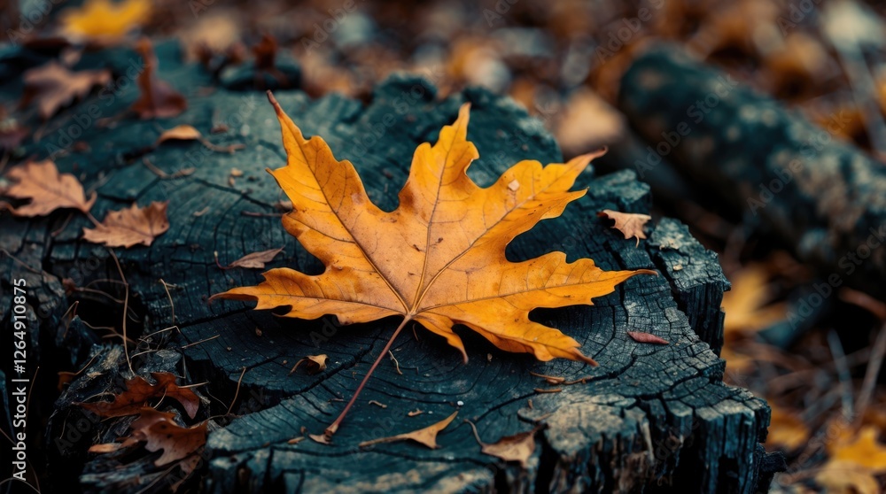 Aufkleber Yellow maple leaf on a weathered tree stump surrounded by fallen leaves in a forest setting with natural bokeh background and Copy Space