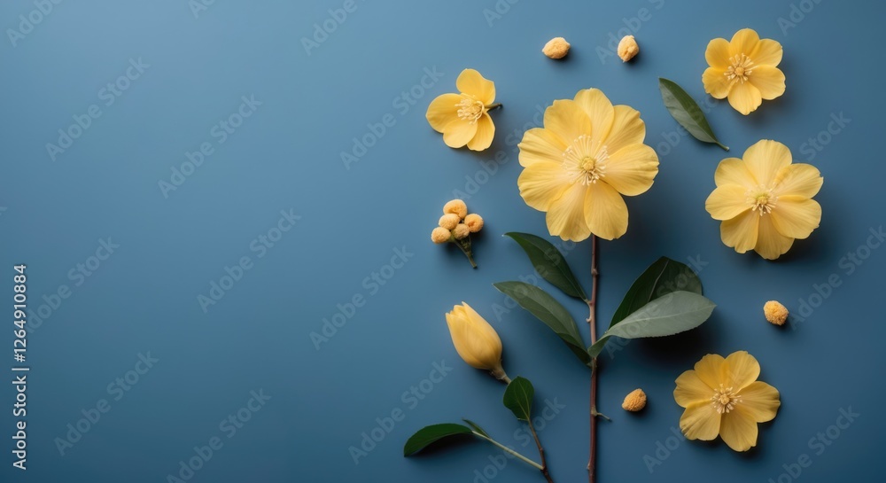 Poster yellow flowers arranged on blue background with leaves and buds, featuring ample space for text plac