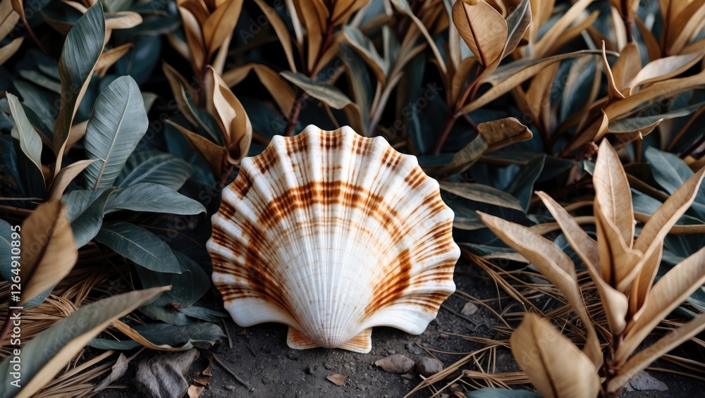 Poster seashell resting on dry leaves and green foliage with natural textures and colors. copy space availa