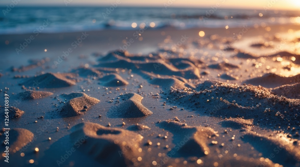Poster close-up of sandy beach with undulating patterns and glistening grains reflecting sunlight during su