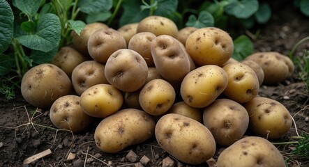 Freshly harvested potatoes clustered on soil surrounded by green potato plants Copy Space