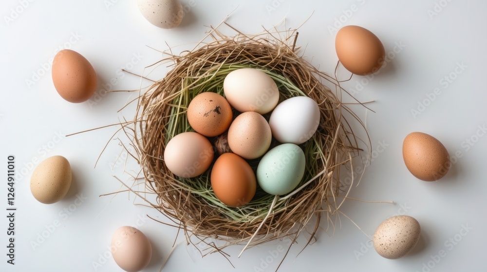 Aufkleber nest of colorful eggs surrounded by smaller eggs on a light background with copy space