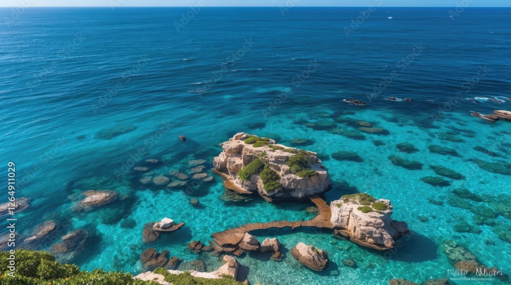 Poster aerial view of clear turquoise waters with rocky formations and a small boat in the distance copy sp