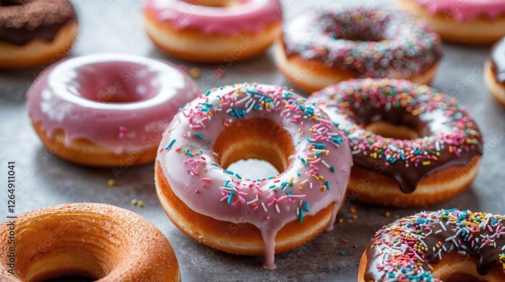 Poster Assorted donuts with chocolate and pink icing decorated with sprinkles on a gray surface with copy space for text
