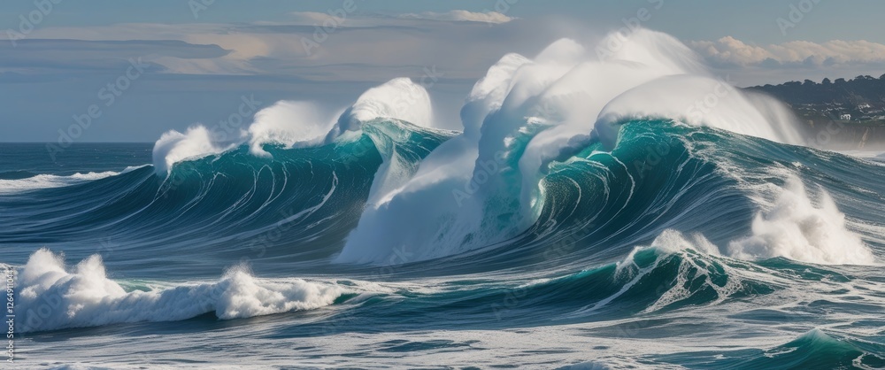 Poster Powerful ocean waves crashing against each other creating dynamic splashes and foam under a sunny sky Copy Space