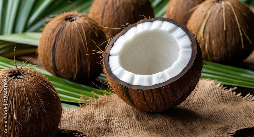 Poster coconut shells on natural fabric background with green palm leaves and one halved coconut showing wh