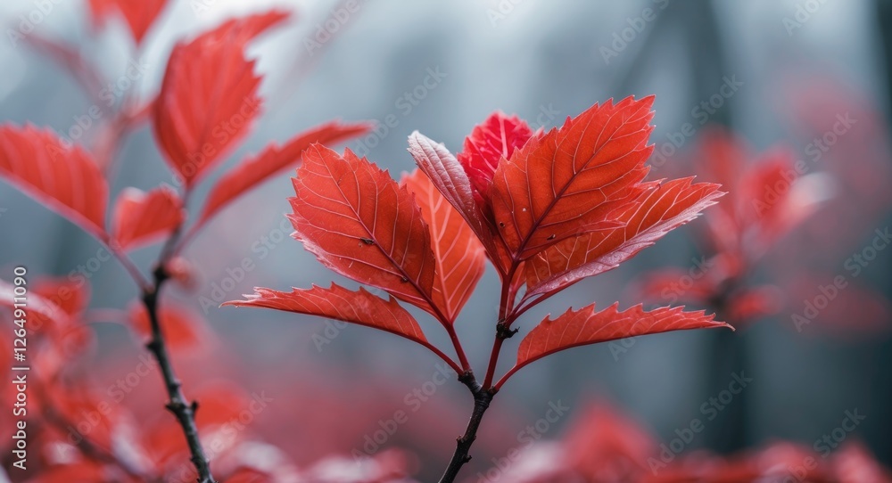 Poster Close-up of vibrant red leaves on a branch in a soft focus background with blurred foliage Copy Space