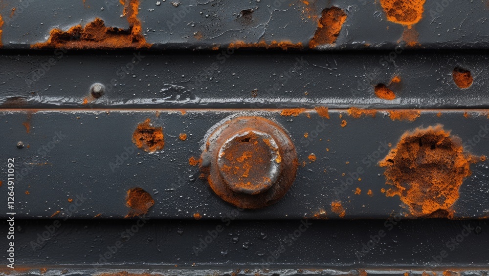 Poster close-up of a rusty metal surface featuring bolts and weathered paint with visible corrosion and tex