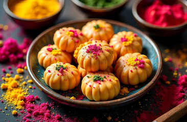 Traditional festive Indian pastries for Holi Festival of Colors. AI Generative