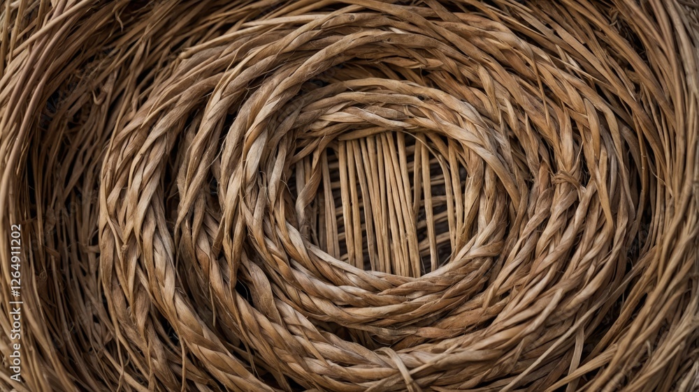 Aufkleber Natural woven straw or grass basket with concentric circular patterns displaying a rustic textured surface and earthy tones Copy Space