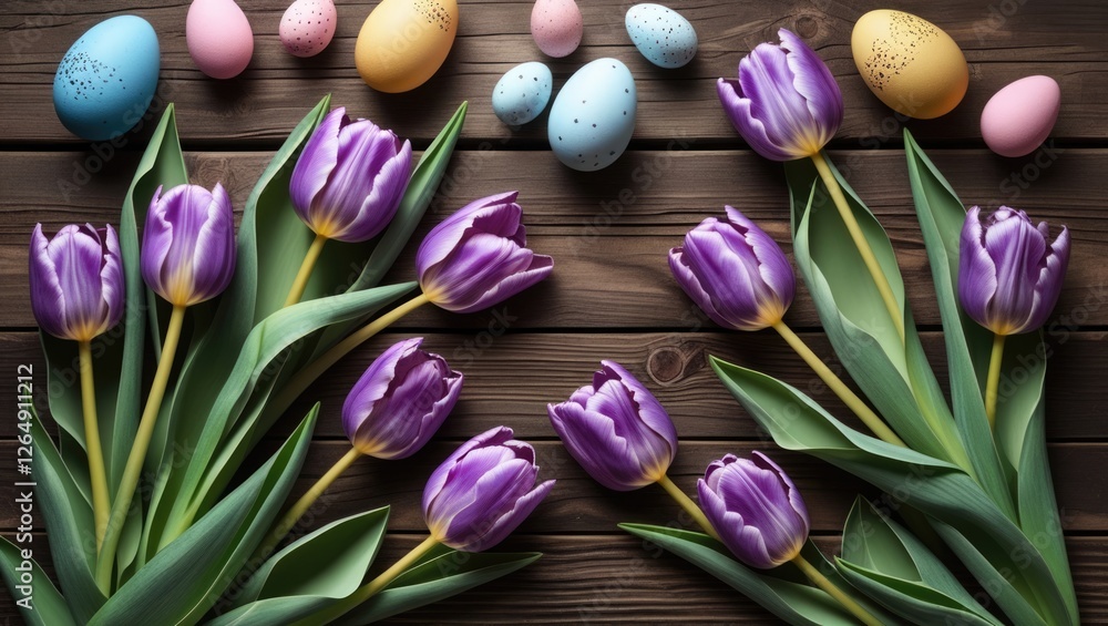 Aufkleber purple tulips and colorful easter eggs arranged on wooden background with ample space for text. copy