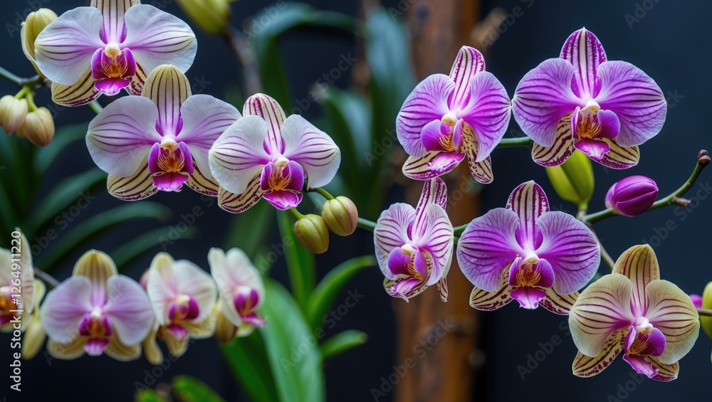 Poster purple and white striped orchids with green leaves and dark background natural setting detailed view