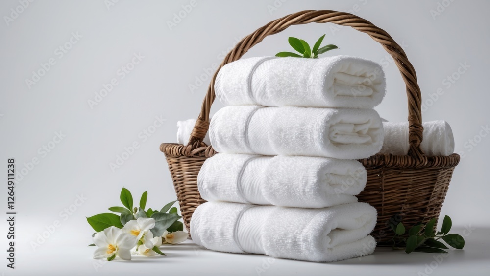 Aufkleber white towels neatly stacked in a wicker basket with white flowers and green leaves on a light backgr