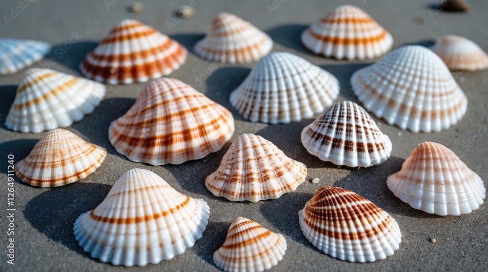 Poster colorful seashells on a sandy surface arranged in a natural pattern with intricate striped designs a