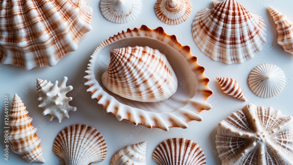 Aufkleber Variety of marine seashells arranged on a light surface with intricate patterns and textures Copy Space