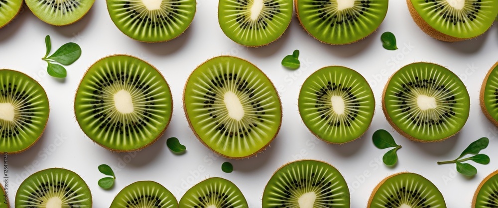 Poster sliced kiwi fruits arranged artistically on a white background with small green leaves and ample cop