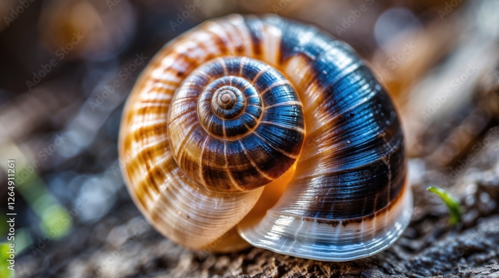 Aufkleber Close-up view of a spiral snail shell with detailed texture and patterns on a natural background Copy Space