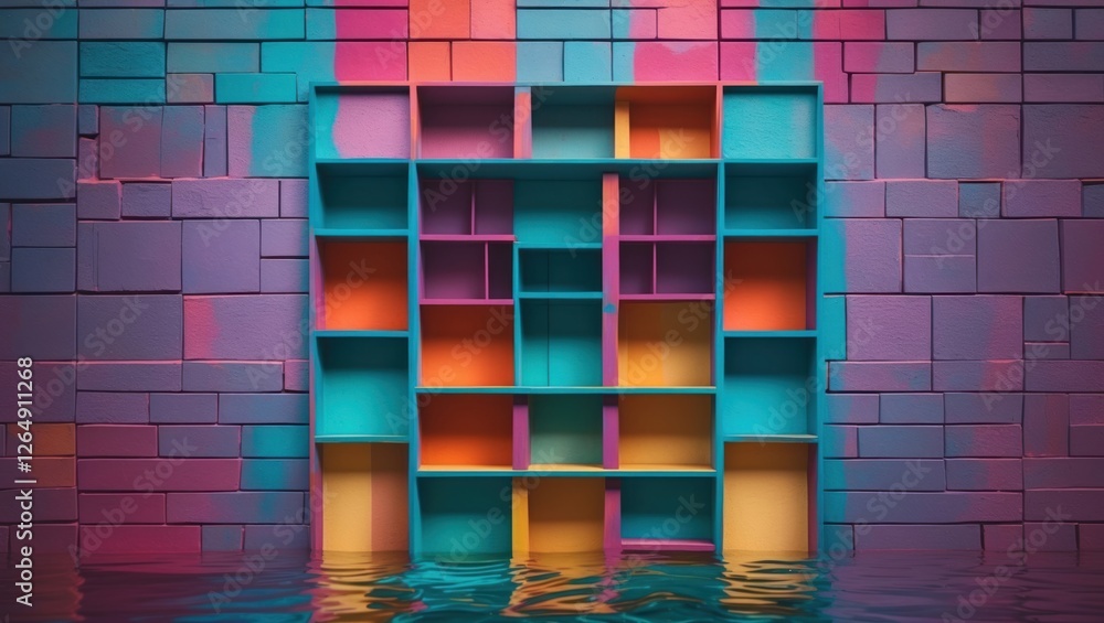 Poster Colorful shelf unit against a vibrant painted brick wall with water pooling at the bottom and sufficient Copy Space for text placement