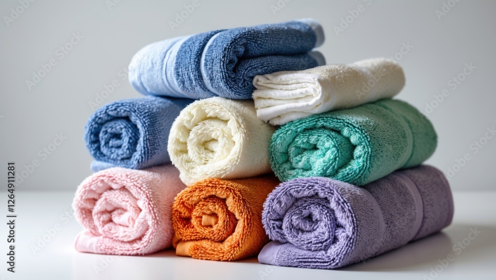 Poster Stacked colorful towels in various shades arranged neatly on a white surface with soft lighting and plain background Copy Space