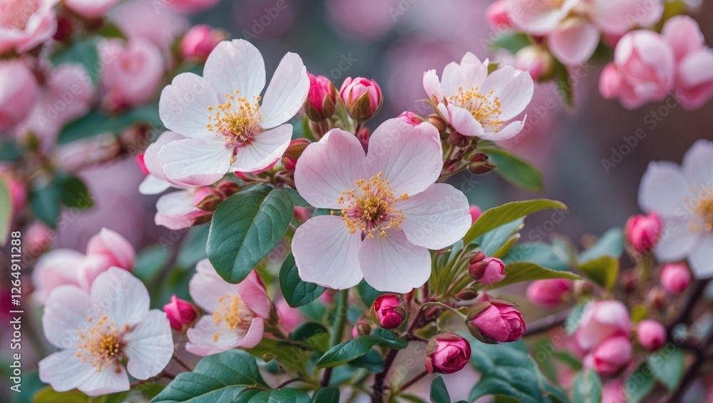 Poster pink apple blossoms with buds on a flowering tree in soft focus background with bokeh and natural li